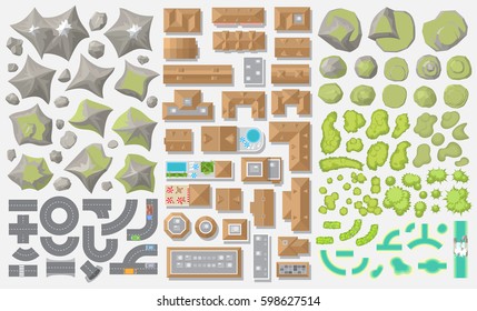 Vector set. Urban and landscape elements. Top view. 
Mountains, hills, roads, houses, stones, forest, river. View from above.