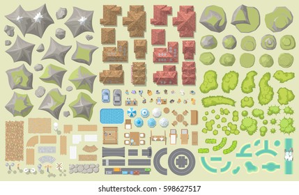 Vector set. Urban and landscape elements. Top view.
Mountains, hills, roads, houses, stones, forest, river, people, furniture, cars. View from above. 