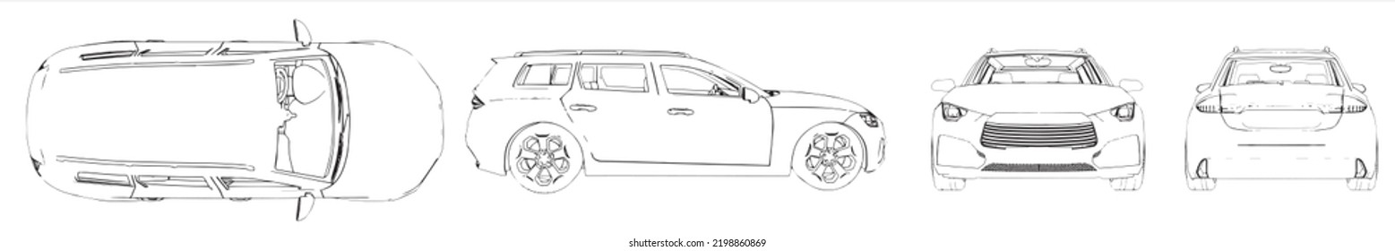 Vector Set Of An Urban Luxury Car Sketches From Different Perspectives As A Metaphor For Transportation And Travel, Independence, Flexibility, Freedom And Privacy