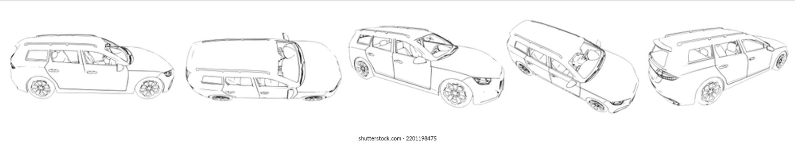 Vector Set Of An Urban Luxury Car Sketches From Different Perspectives As A Metaphor For Transportation And Travel, Independence, Flexibility, Freedom And Privacy