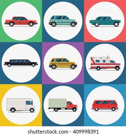 Vector set urban transport icons. Red sedan car, green hatchback, retro vehicle, limousine, taxi, ambulance, delivery truck, red bus