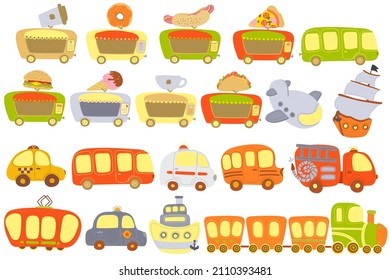 Vector Set Of Urban Transport. Street Food Truck, Police Car, Ambulance, Fire Truck, Plane, Cab, Train, Ship, School Bus. Hand Drawing, Isolate. For Print, Web Design.