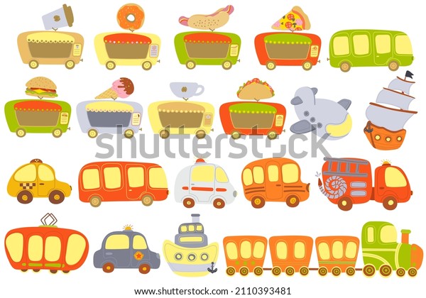 Vector set of urban\
transport. Street food truck, police car, ambulance, fire truck,\
plane, cab, train, ship, school bus. Hand drawing, isolate. For\
print, web design.