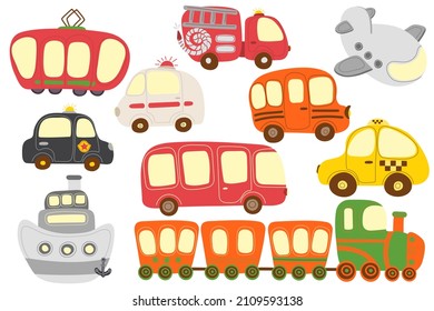 Vector Set Of Urban Transport In The Style Of Cartoon. Streetcar, Train, Police Car, Ambulance, Ship, Bus, Fire Truck, School Bus, Plane, Cab. For Print, Web Design