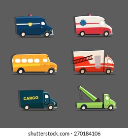 Vector set of urban vehicles featuring police car, ambulance, school bus, fire truck, tow truck and cargo truck