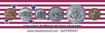 Vector set of US change coins. Design elements, halftone effect. Dot tokens. Sample collection. United States of America