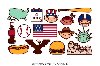 Vector Set Of USA Cartoon Icons Isolated