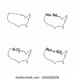 Vector set of USA map, map with lettering "USA", "United States", "Made in USA". Line art, poster, banner, logo element.