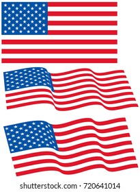 Vector Set Of USA Official Flag Flagpoles, Sizes, Proportions. USA Flag According To Executive Order 10834 Flag Standard. United States Of America Official Federal Original Flag And USA Waved Flags