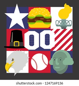 vector set of usa with white star, big burger, liberty torch, thanksgiven hat, hollywood symbol, eagle head, baseball ball, george washington.