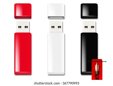 Vector set of usb flash drive sticks. red, white and black, isolated on white