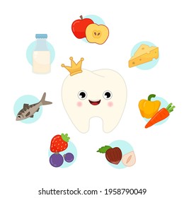 Vector set of useful products for teeth. Illustration of a cute cartoon tooth. Infographics with food icons.
