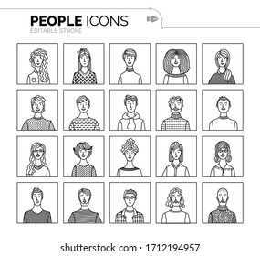 Vector Set Of User Avatars. Linear Minimalistic Icons. Men And Women Portraits Set. People Profile Pictures. Various Face Icons For Representing A Person. User Pic For Internet Forum Or Web Account