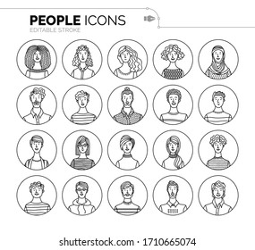 Vector set of user avatars. Outlined minimalistic icons. Various face icons for representing a person. User pics for internet forum or web account. Men and women portraits set. People profile pictures