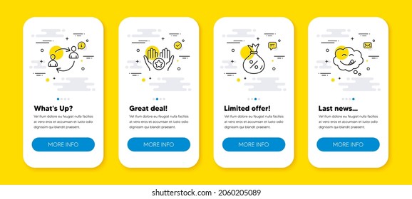 Vector set of User communication, Favorite and Loan line icons set. UI phone app screens with line icons. Yummy smile icon. Human resources, Best rating, Money bag. Comic chat. Vector