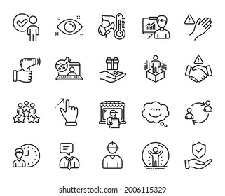 Vector set of User communication, Recovered person and Health eye line icons set. Support service, Touchscreen gesture and Electronic thermometer icons. User communication web symbol. Vector
