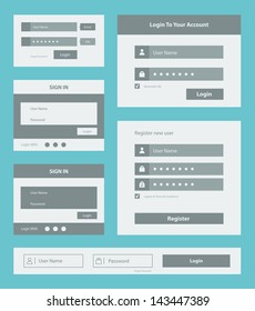 Vector set of user interface login and account registration form design. Isolated on blue background.