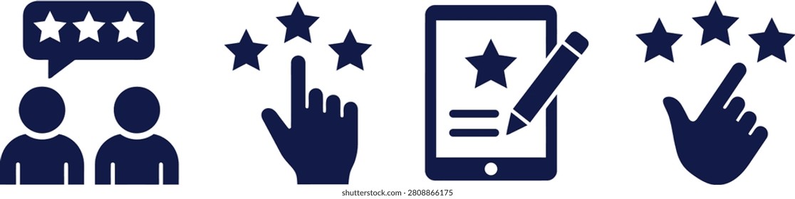 Vector set of user satisfaction symbols including star ratings chat bubbles and digital tablet review for service assessment.