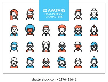 Vector set of users avatars and profile picture. Simple line minimalistic icons for website, application or presentation. Modern flat style. Interchangeble parts. Character illustration.