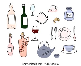 vector set of utensils, groceries, bottles and jars for decorating a lunch menu in a restaurant, or creating a decor for kitchen tiles.