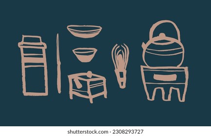 Vector set of utensils for the Japanese tea ceremony. East style. Teapot, cup, matcha. Calligraphy, ink, brush, hand drawing, sketch. Beige on blue. Eps10