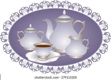 Vector set of utensils for tea or coffee. The teapot, Cup with saucer, spoon, sugar bowl and milk jug with . All items are isolated.