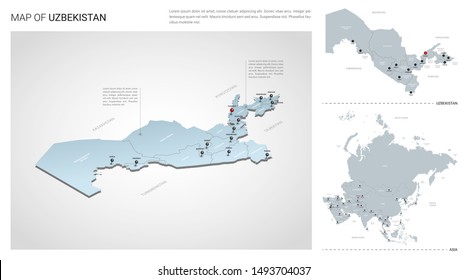 Vector set of Uzbekistan country.  Isometric 3d map, Uzbekistan map, Asia map - with region, state names and city names. 