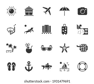 Vector Set Of Vacation Flat Icons. Contains Icons Hotel, Cruise Ship, Travel, Luggage, Beach, Snorkeling, Cocktail And More. Pixel Perfect.