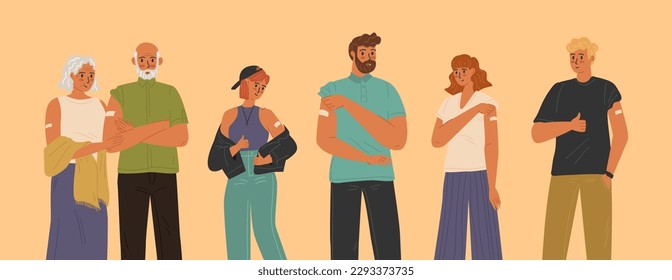 Vector set of vaccinated people. Diverse group of isolated characters, smiling men and women with with a plasters on the shoulder