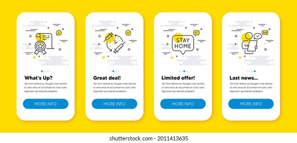 Vector set of Vaccination schedule, Certificate and Stay home line icons set. UI phone app screens with line icons. Customer survey icon. Injection time, Certified file, Coronavirus quarantine. Vector
