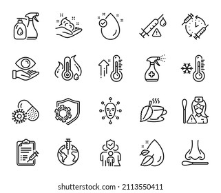 Vector set of Vaccination schedule, Low thermometer and Water drop line icons set. High thermometer, Nasal test and Health eye icons. Vaccine attention, Skin care and Fever temperature signs. Vector