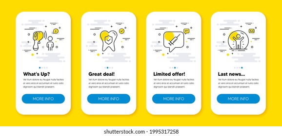 Vector set of Vaccine message, Dental insurance and Electronic thermometer line icons set. UI phone app screens with line icons. Recovered person icon. Vector