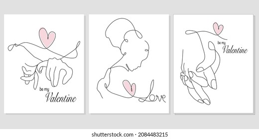 Vector set of valentine card with one line art illustrations of a lovers. A man hugs a woman in line art style for Valentines Day card