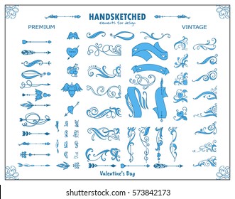 Vector set of Valentine corners, arrows, dividers in vintage style. Hand drawn wave hearts, vignette, ribbons. Detailed sketch, template for frames, borders, cards. Tender blue color 