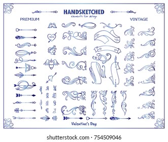 Vector set of Valentine corners, arrows, dividers in vintage style. Hand drawn wave hearts, vignette, ribbons. Detailed sketch, template for frames, borders, cards. Blue watercolor style