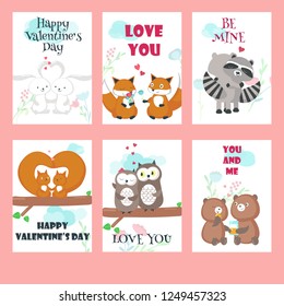 Vector set of Valentine day cards with cute animals couples and inspirational quotes. Happy loving bunnies, foxes, raccoons, squirrels, owls and bears hugging, holding hands, giving flowers.