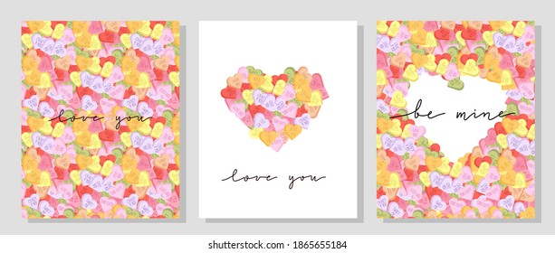 Vector set of Valentine day postcards with hand lettering and vivid colored candy hearts. Conversation hearts with short phrases flyer.