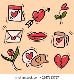 
vector set of valentine day symbols with hand drawn collection style