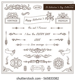 Vector set of Valentine day vintage elements for design. Ornamental frame, borders, monogram, corners, square, ribbon, arrows. Valentines day vignette. Different element in every set 