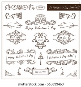 Vector set of Valentine day vintage elements for design. Ornamental frame, borders, monogram, corners, square, ribbon, arrows. Valentines day vignette. Different element in every set 