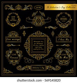 Conjunto vectorial de elementos vintage de San Valentín para el diseño. Marco ornamental, bordes, monograma, esquinas, cuadrado, cinta, flechas. Viñeta de San Valentín. Color negro y dorado de primera calidad 
