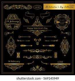 Vector set of Valentine day vintage elements for design. Ornamental frame, borders, monogram, corners, square, ribbon, arrows. Valentines day vignette. Premium black and gold style 