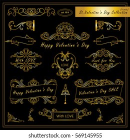 Vector set of Valentine day vintage elements for design. Ornamental frame, borders, monogram, corners, square, ribbon, arrows. Valentines day vignette. Premium black and gold style 