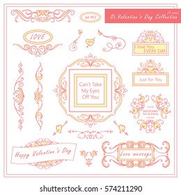 Vector set of Valentine day vintage elements for design. Ornamental frame, borders, monogram, corners, square, ribbon, arrows. Valentines day vignette. Tender pink color  