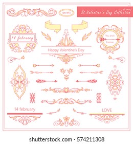 Vector set of Valentine day vintage elements for design. Ornamental frame, borders, monogram, corners, square, ribbon, arrows. Valentines day vignette. Tender pink color  