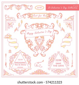 Vector set of Valentine day vintage elements for design. Ornamental frame, borders, monogram, corners, square, ribbon, arrows. Valentines day vignette. Tender pink color  