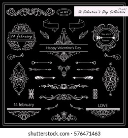 Vector set of Valentine day vintage elements for design. Ornamental frame, borders, monogram, corners, square, ribbon, arrows. Valentines day vignette. Chalkboard style, pink and black