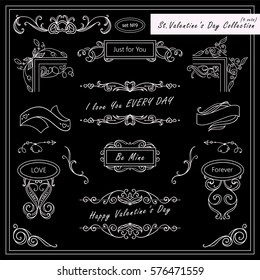 Vector set of Valentine day vintage elements for design. Ornamental frame, borders, monogram, corners, square, ribbon, arrows. Valentines day vignette. Chalkboard style, pink and black