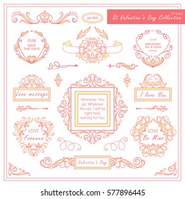 Vector set of Valentine day vintage elements for design. Ornamental frame, borders, monogram, corners, square, ribbon, arrows. Valentines day vignette. Tender pink color 