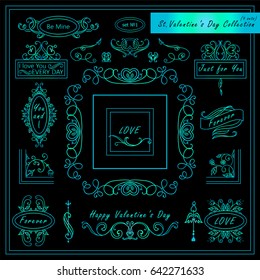 Vector set of Valentine day vintage elements for design. Ornamental frame, borders, monogram, corners, square, ribbon, arrows. Valentines day vignette. Ocean blue and black style